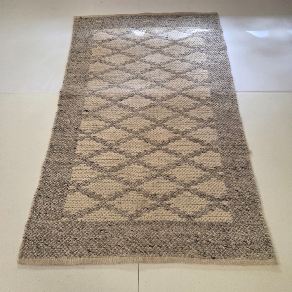 Hand Woven Wool Gray Cream Geometric Diamond Area Rug 29x50 Scandinavian Modern